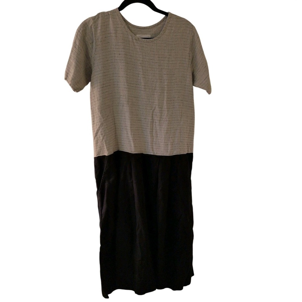 Flax Jeanne Engelhart Linen Colorblock Striped Midi Dress Beige Black Lagenlook